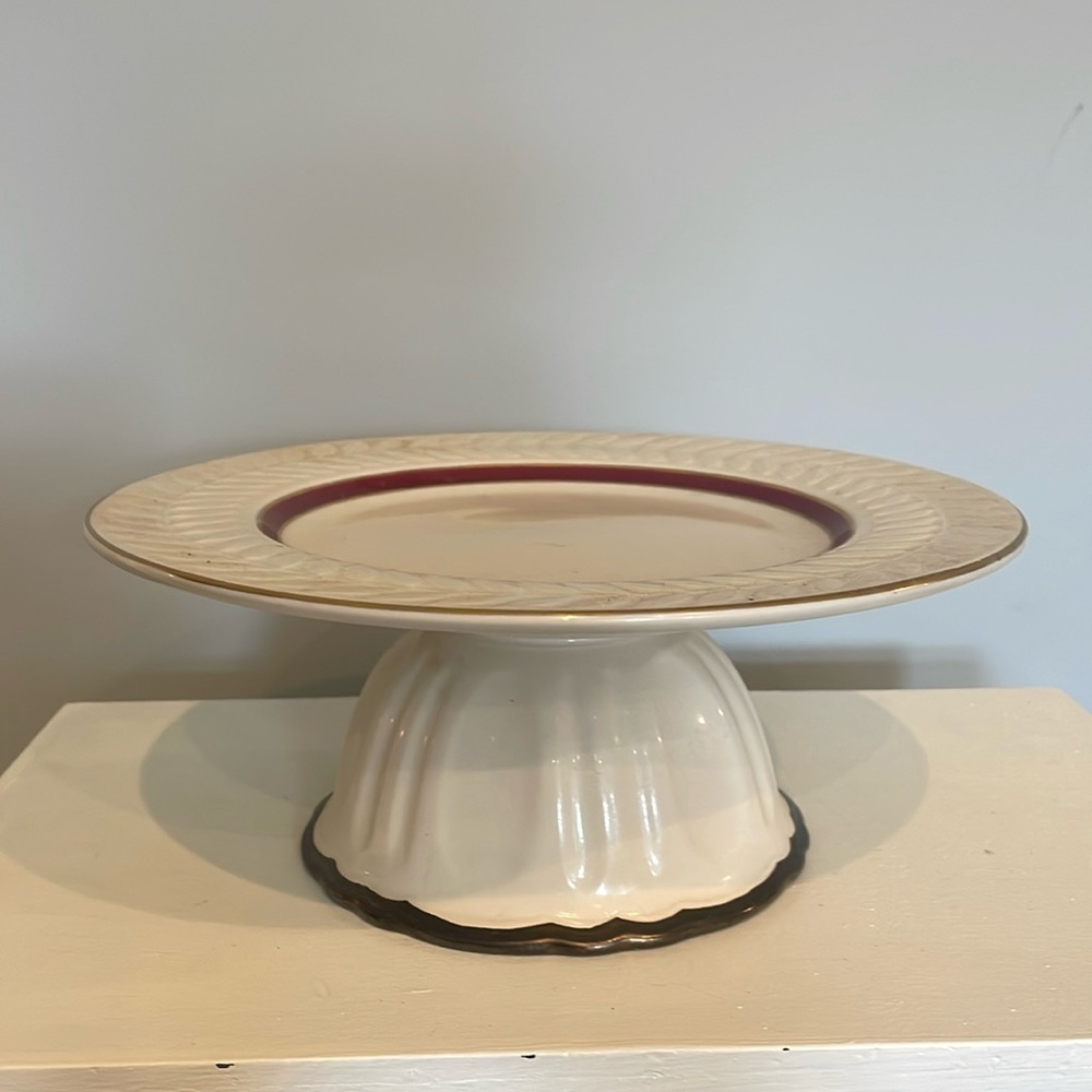 Cake plate /pedestal ceramic piece beige with gold & red trim unique